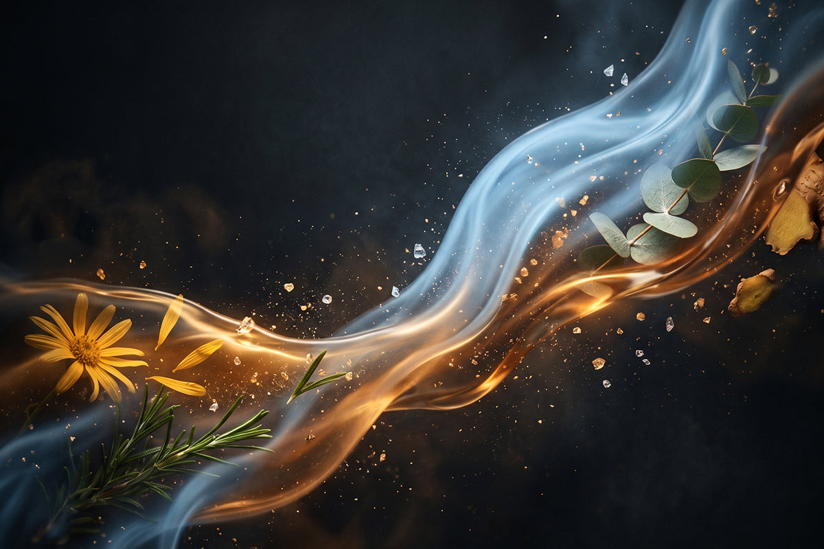 Blue and amber botanical essences intertwine with arnica flowers, eucalyptus leaves, ginger root, rosemary, and mineral crystals, symbolizing balanced muscle recovery through cooling and warming ingredients.
