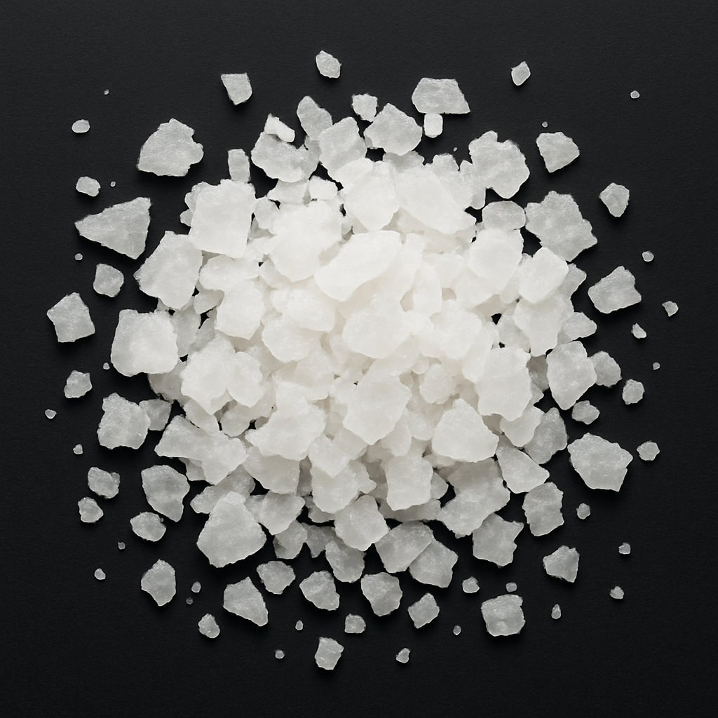 Magnesium chloride flakes on a black background.