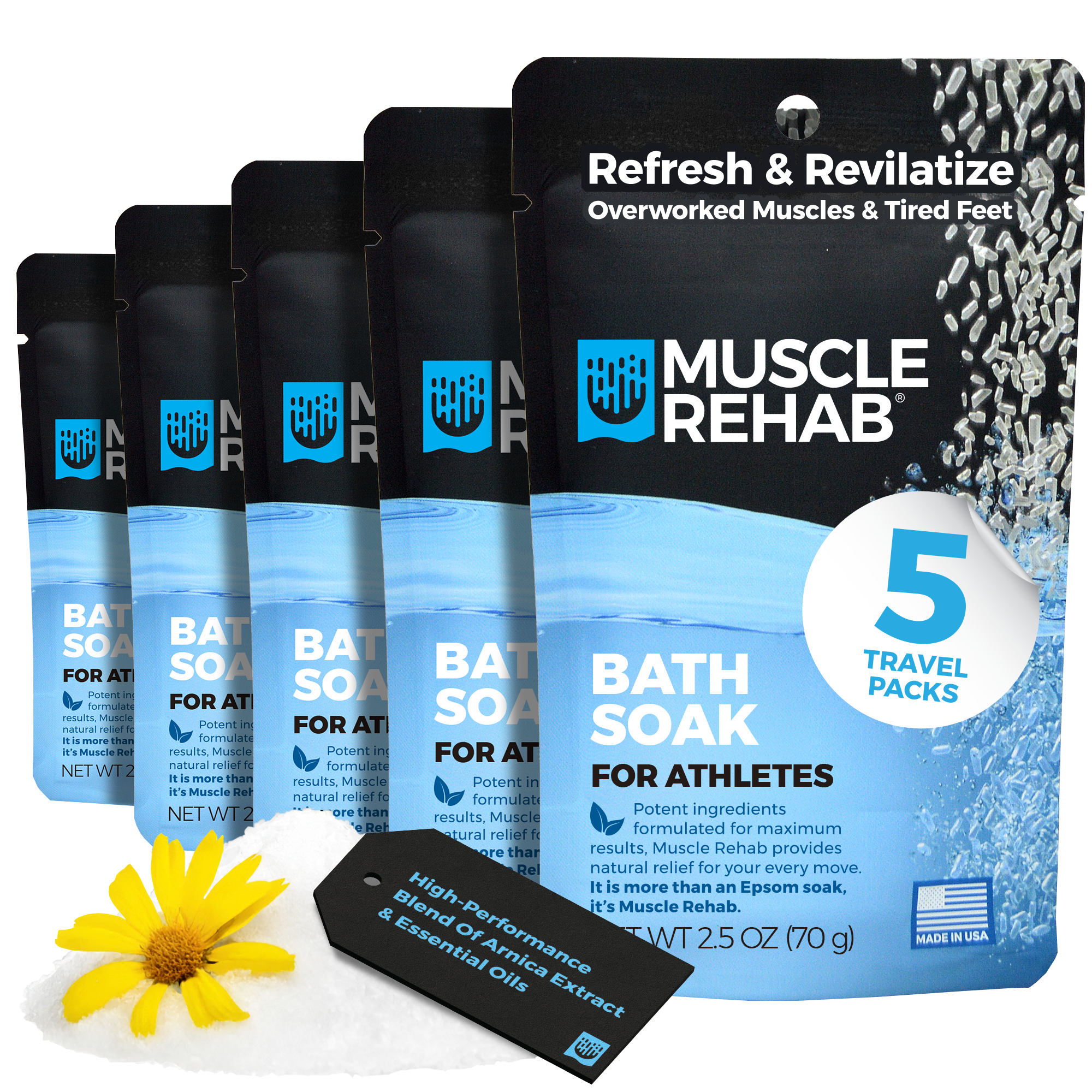 Muscle Rehab Travel Muscle Recovery Soak 5 Pack — multi-day recovery supply for traveling athletes and race-season competitors