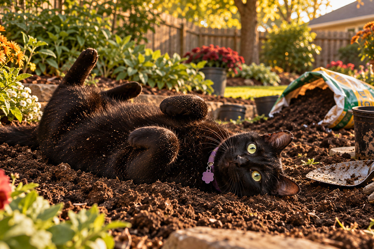 Black cat wearing a lavender collar rolling in garden soil after fall planting and yard work