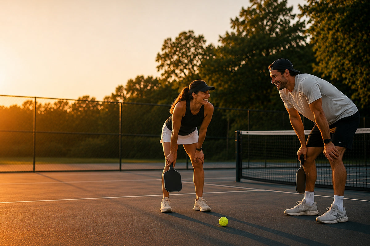 Two pickleball players smiling and catching their breath after a match on an outdoor court at sunset, highlighting post-game recovery.