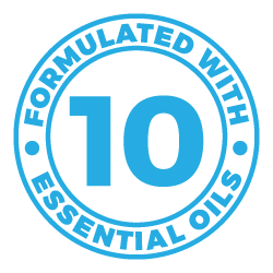 Muscle Rehab's custom-made blue circular icon with 'Formulated with 10 Essential Oils' text on a transparent background.