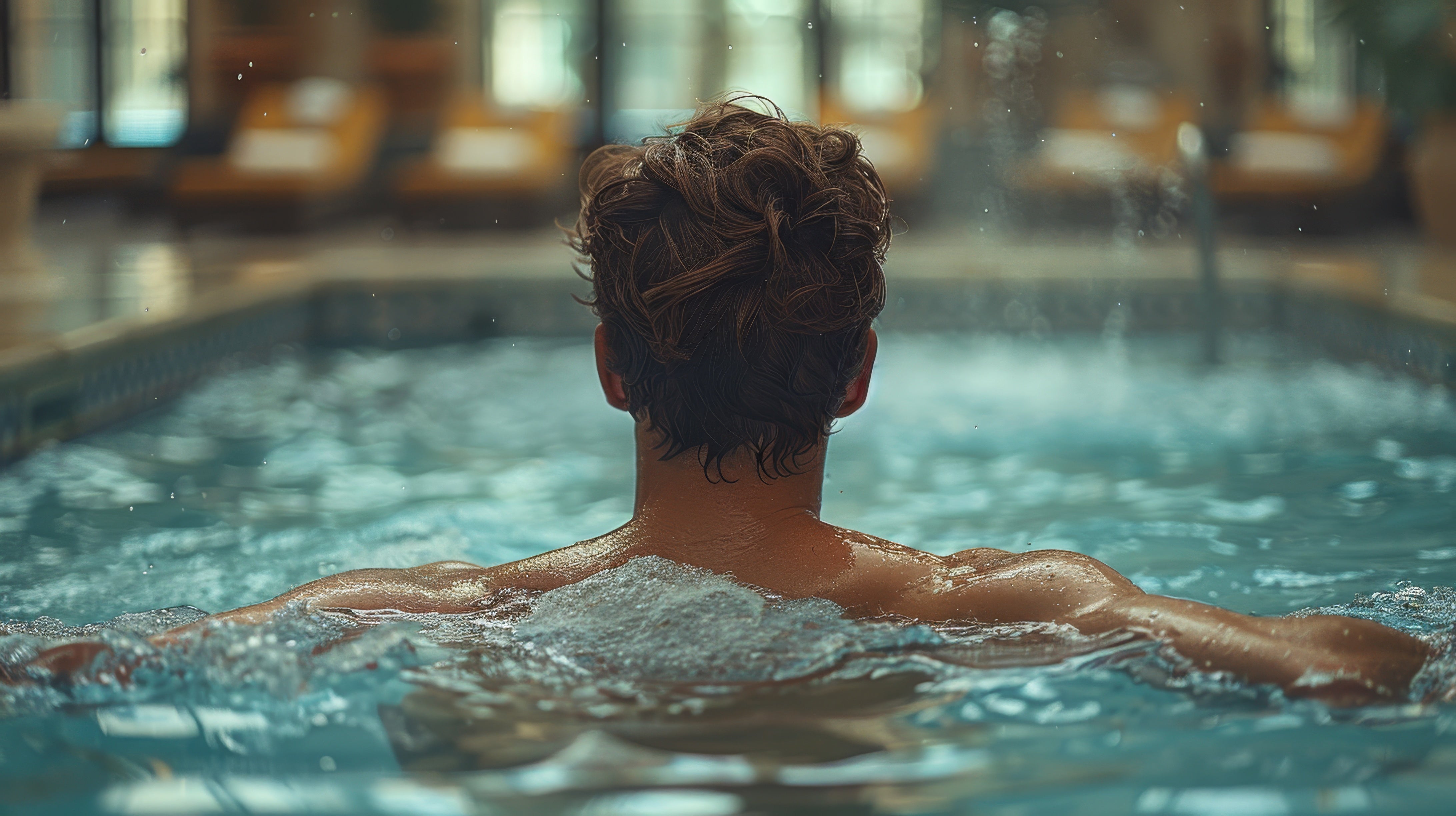 The image shows the back view of a man relaxing in a pool, with water gently rippling around him. The background is softly blurred, featuring warm tones and poolside lounge chairs, giving the scene a calm, spa-like atmosphere.
