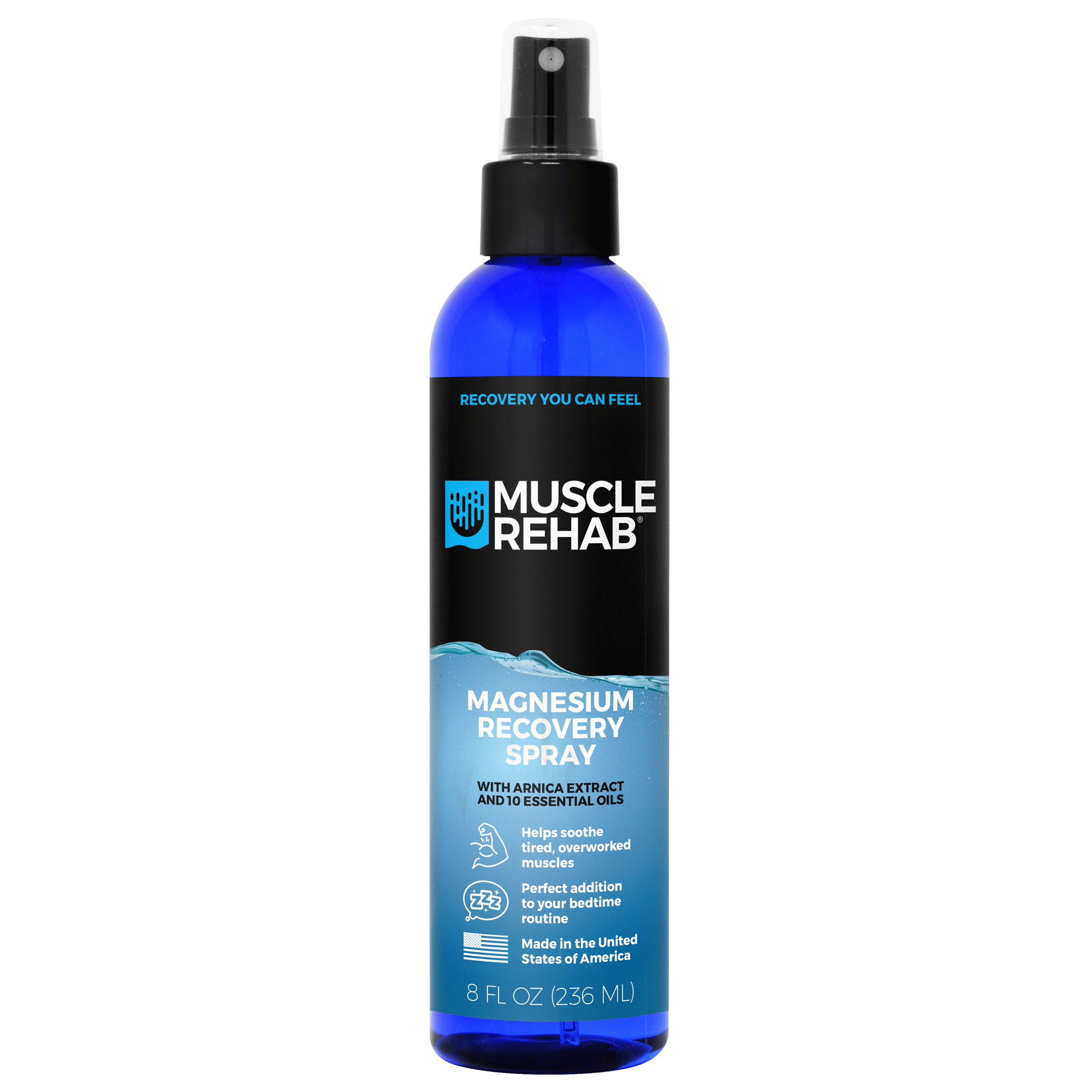 Blue spray bottle labeled 'Muscle Rehab Magnesium Recovery Spray' on a transparent background