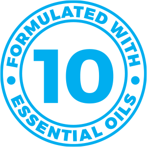Muscle Rehab's custom-made blue circular icon with 'Formulated with 10 Essential Oils' text on a transparent background.
