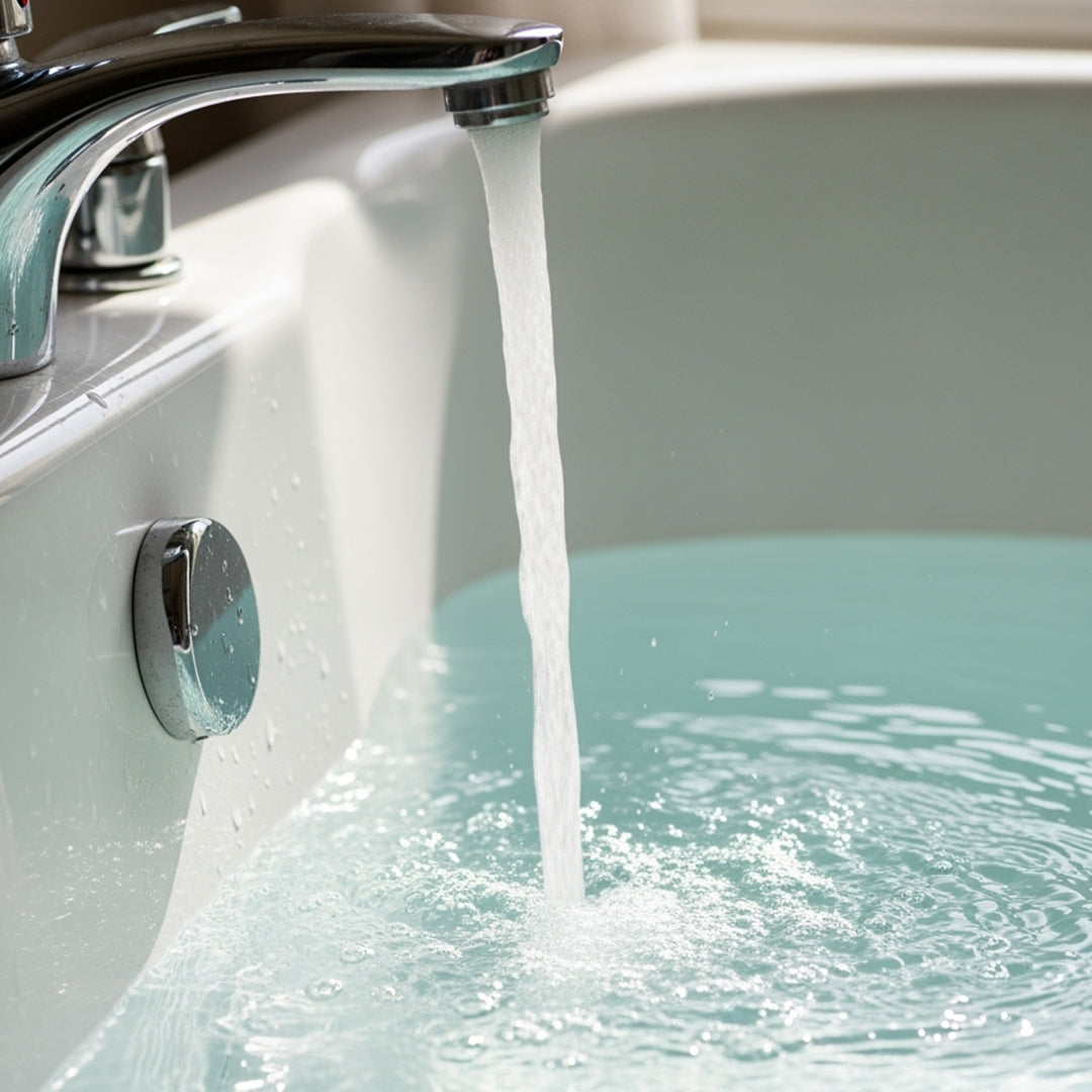 Running water pouring into a bathtub in preparation for a Muscle Rehab soak