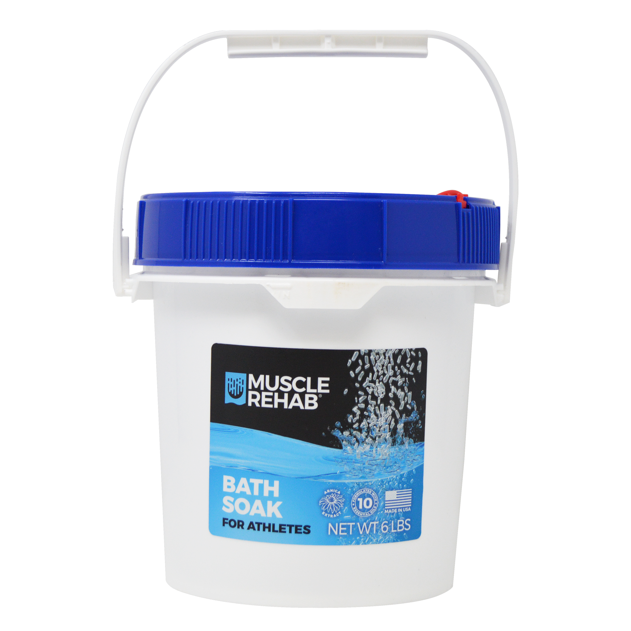This image shows a 6-pound pail of **Muscle Rehab® Bath Soak for Athletes**. The container is white with a blue screw-on lid and a white carrying handle. The label features water imagery with floating bath soak granules, along with icons indicating its benefits, a "Made in USA" mark, and a "Formulated with 10 Essential Oils" icon.