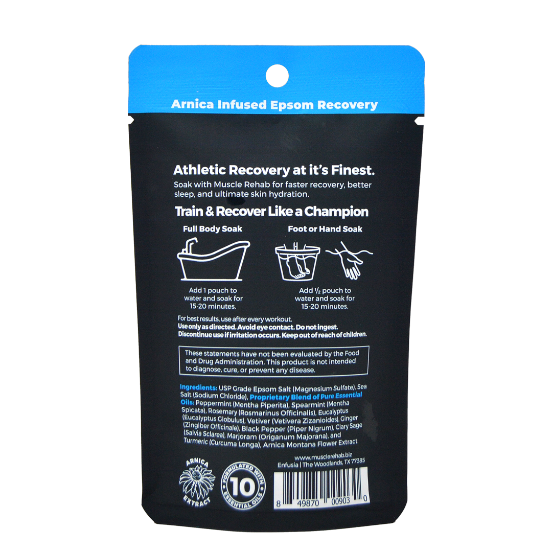 This is the back of the Muscle Rehab® 2.5 oz Bath Soak pouch.

Details include header, tagline & benefits, usage instructions, directions, ingredients list, and other info.
