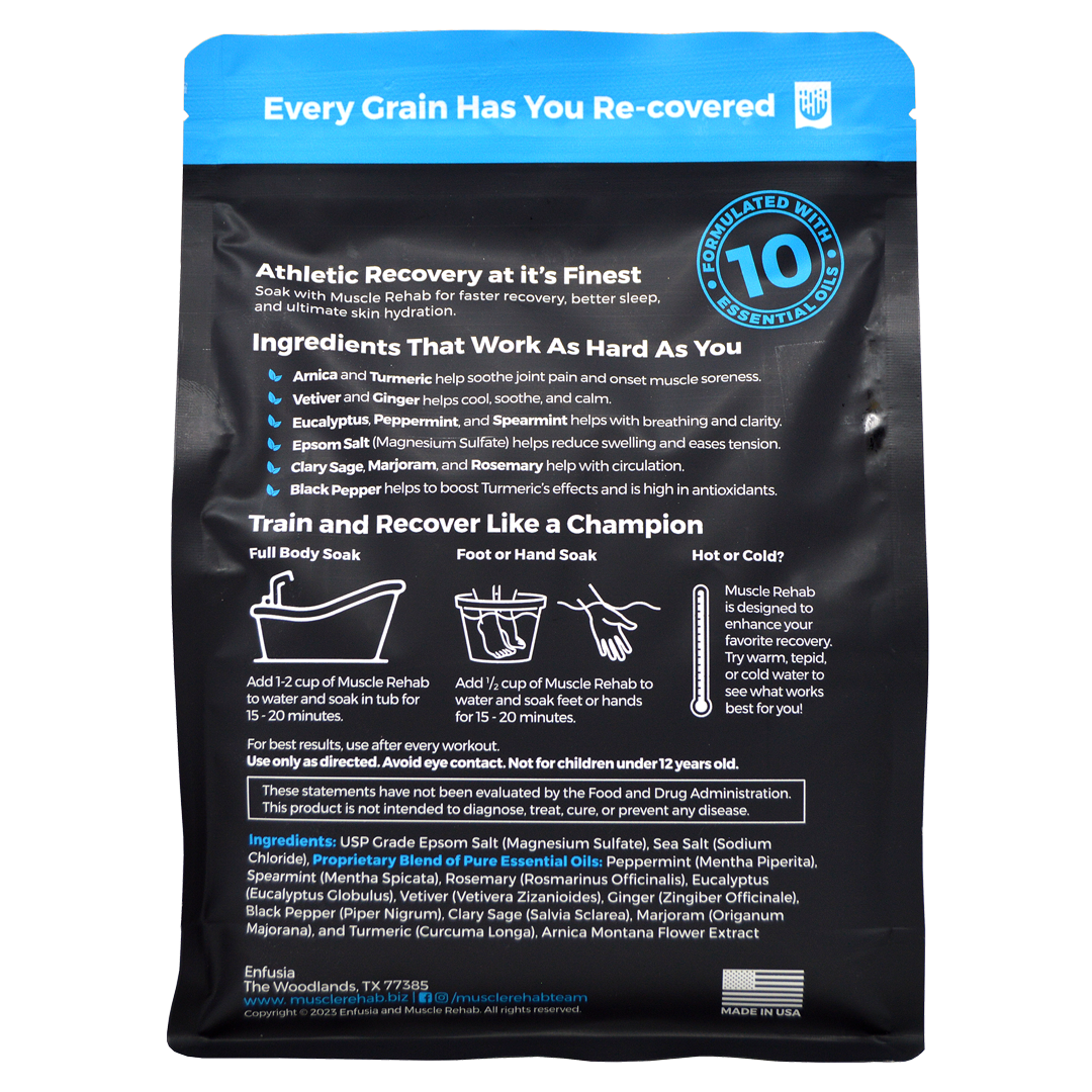 This is the back of the Muscle Rehab® 29 oz Bath Soak package.

Key elements on the label: Header, Tagline, Ingredient Benefits, Usage Instructions, Ingredients List, and other info.