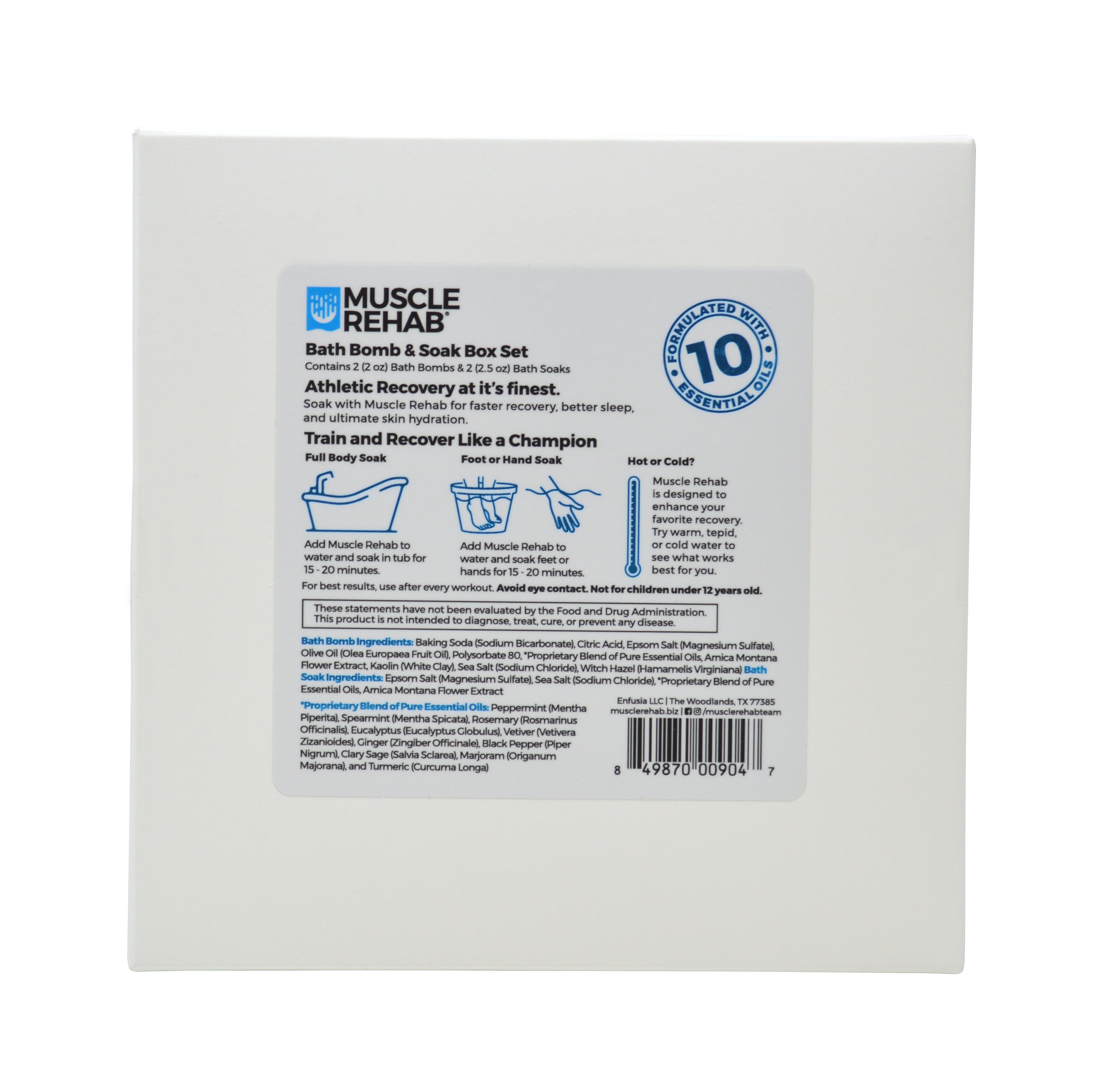 This image shows the back of a Muscle Rehab® Bath Bomb & Soak Box Set.

The packaging lists:

Contents: 2 bath bombs (2 oz each) & 2 bath soaks (2.5 oz each)

Purpose: Athletic recovery — promoting faster recovery, better sleep, and skin hydration.

Usage Instructions:

Full Body Soak: Add to tub, soak 15–20 minutes.

Foot or Hand Soak: Add to water, soak 15–20 minutes.

Hot or Cold: Works with any water temperature.

Formulated with 10 Essential Oils