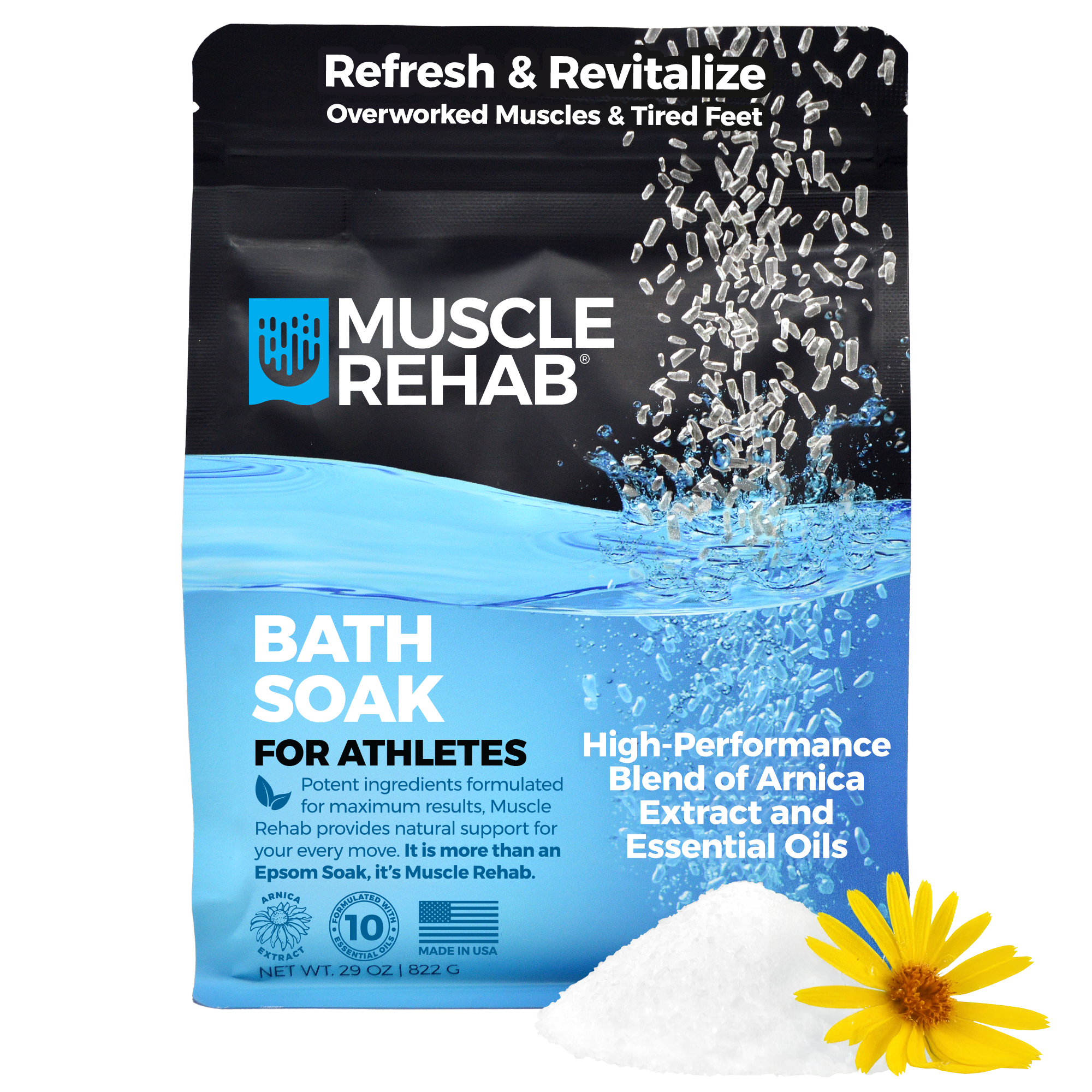 Muscle Rehab Magnesium Epsom Salt and Arnica Bath Soak — sore and tight muscle relief for athletes after intense training