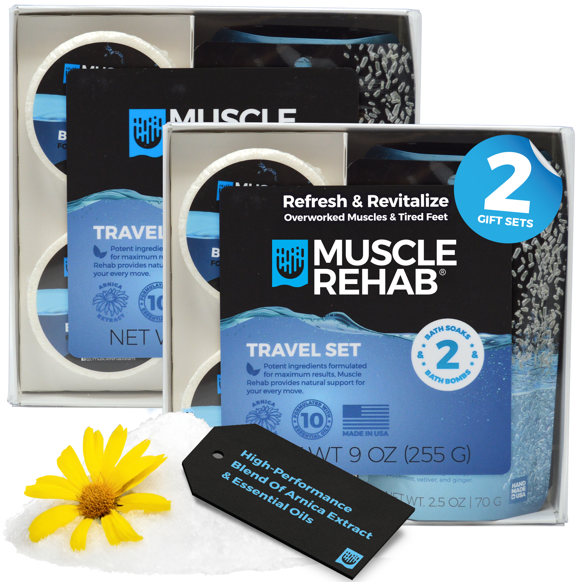 Muscle Rehab Muscle Recovery Gift Set 2 Pack — boxed athlete recovery set for muscle soreness relief, ideal gift for active adults